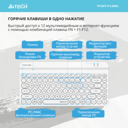 Клавиатура A4Tech Fstyler FBK30 белый USB беспроводная BT/Radio slim Multimedia (FBK30 WHITE) Клавиатура A4Tech Fstyler FBK30 белый USB беспроводная BT/Radio slim Multimedia (FBK30 WHITE)
